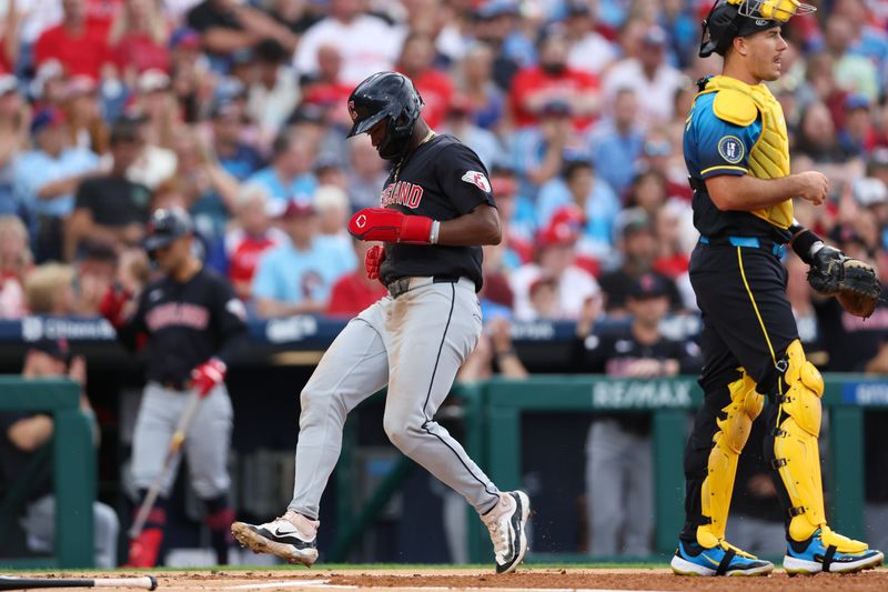 Jul 26, 2024; Philadelphia, Pennsylvania, USA; Cleveland Guardians third base Angel Martínez (1) scores during the first inning against the Philadelphia Phillies at Citizens Bank Park. Mandatory Credit: Bill Streicher-USA TODAY Sports