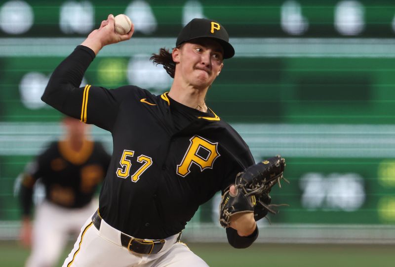 Sep 20, 2025; Pittsburgh, Pennsylvania, USA;  Pittsburgh Pirates starting pitcher Bubba Chandler (57) delivers a pitch against the Athletics during the first inning at PNC Park. Mandatory Credit: Charles LeClaire-Imagn Images