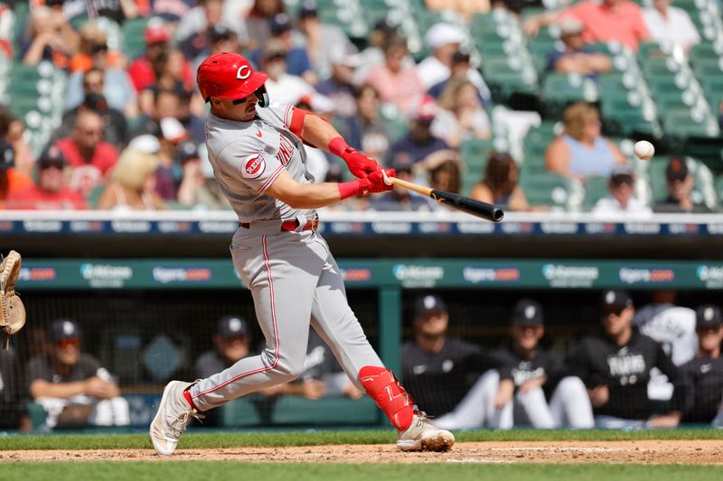 Sep 14, 2023; Detroit, Michigan, USA; Cincinnati Reds first baseman Spencer Steer (7) hits a home run in the sixth inning against the Detroit Tigers at Comerica Park. Mandatory Credit: Rick Osentoski-USA TODAY Sports