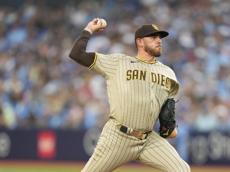 Jul 18, 2023; Toronto, Ontario, CAN; San Diego Padres starting pitcher Joe Musgrove (44) pitches to the Toronto Blue Jays  during the first inning at Rogers Centre. Mandatory Credit: John E. Sokolowski-USA TODAY Sports