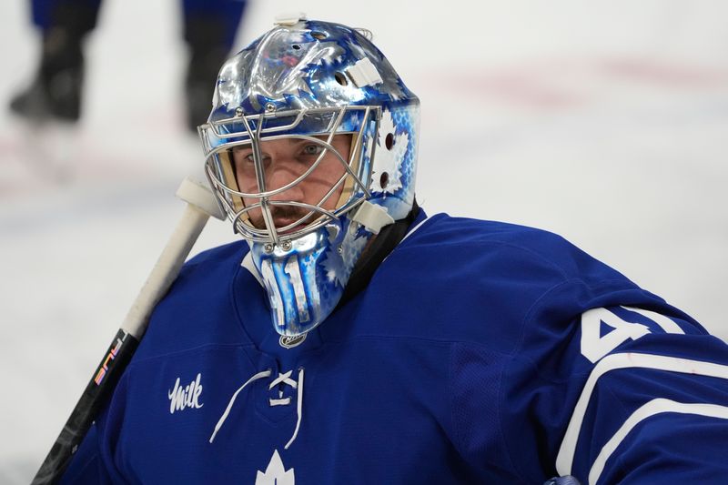 Oct 21, 2025; Toronto, Ontario, CAN; Toronto Maple Leafs goaltender Anthony Stolarz (41) warms up before a game against the New Jersey Devils at Scotiabank Arena. Mandatory Credit: John E. Sokolowski-Imagn Images