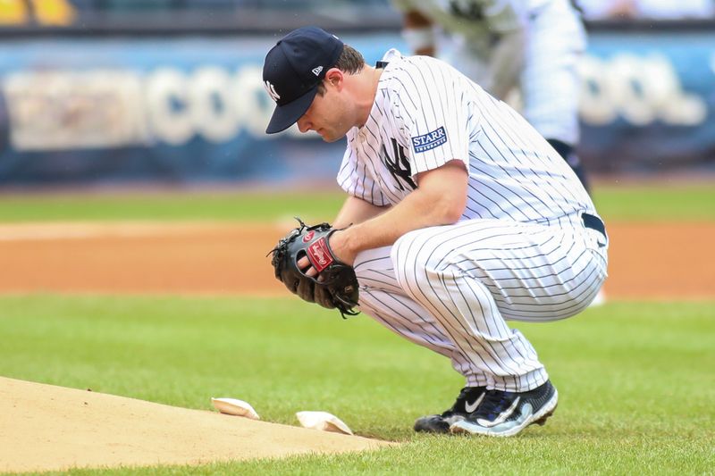 Sep 10, 2023; Bronx, New York, USA;  New York Yankees starting pitcher Gerrit Cole (45) gets ready to pitch Milwaukee Brewers at Yankee Stadium. Mandatory Credit: Wendell Cruz-USA TODAY Sports