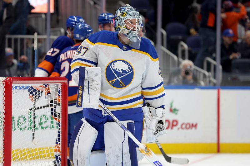 Nov 30, 2024; Elmont, New York, USA; Buffalo Sabres goaltender James Reimer (47) reacts after a power play goal by New York Islanders left wing Anders Lee (not pictured) during the second period at UBS Arena. Mandatory Credit: Brad Penner-Imagn Images