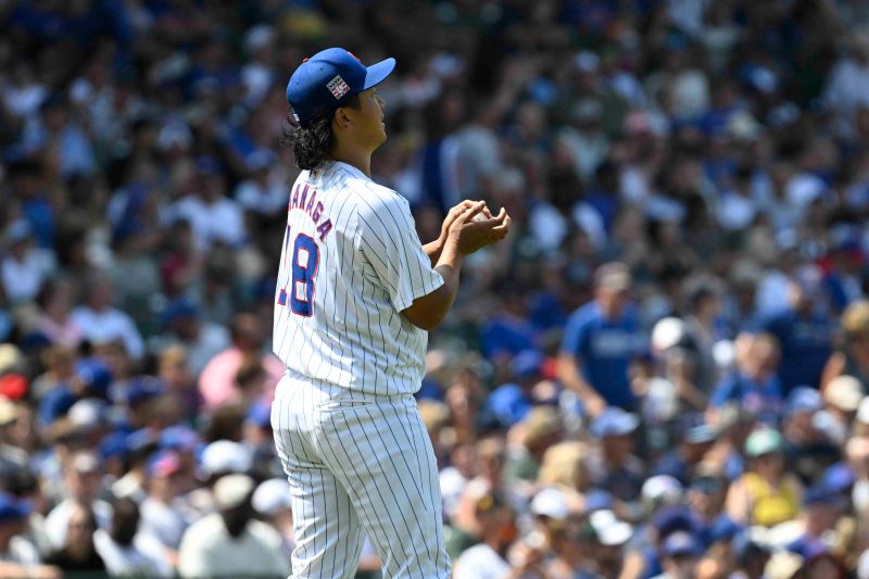 Jul 21, 2024; Chicago, Illinois, USA;  Chicago Cubs pitcher Shota Imanaga (18) looks on after Arizona Diamondbacks third baseman Eugenio Suárez (not shown) hit a home run during the seventh inning at Wrigley Field. Mandatory Credit: Matt Marton-USA TODAY Sports