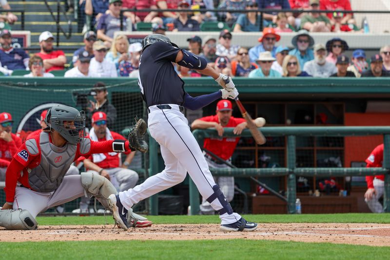 Feb 27, 2025; Lakeland, Florida, USA; Detroit Tigers outfielder Riley Greene (31) bats during the third inning against the Boston Red Sox at Publix Field at Joker Marchant Stadium. Mandatory Credit: Mike Watters-Imagn Images