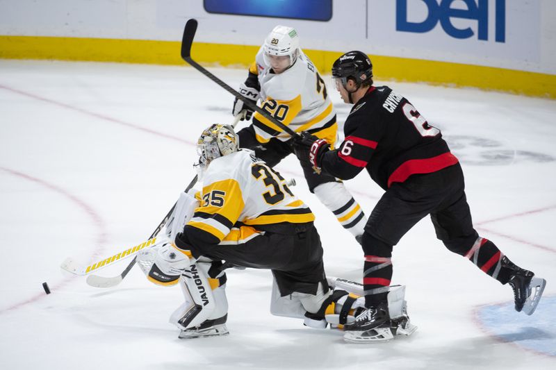 Mar 12, 2024; Ottawa, Ontario, CAN; Pittsburgh Penguins goalie Tristan Jarry (35) moves the puck away from Ottawa Senators defenseman Jakob Chychrun (6) in the third period at the Cana dian Tire Centre. Mandatory Credit: Marc DesRosiers-USA TODAY Sports