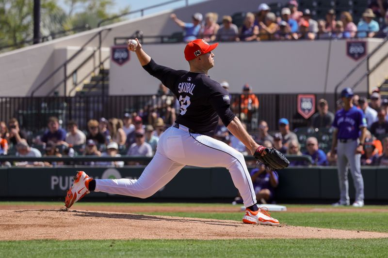 Mar 3, 2025; Lakeland, Florida, USA; Detroit Tigers pitcher Tarik Skubal (29) pitches during the first inning against the Toronto Blue Jays at Publix Field at Joker Marchant Stadium. Mandatory Credit: Mike Watters-Imagn Images