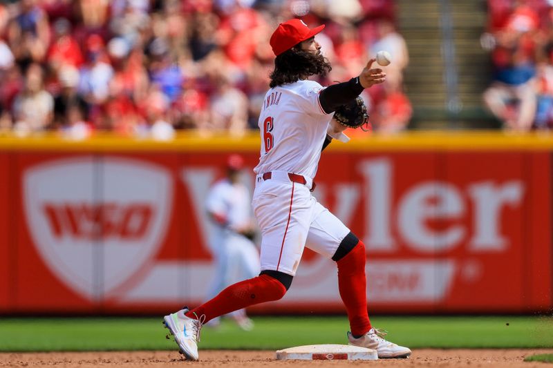 Jun 9, 2024; Cincinnati, Ohio, USA; Cincinnati Reds second baseman Jonathan India (6) throws to first to get Chicago Cubs third baseman Christopher Morel (not pictured) out to complete the double play in the ninth inning at Great American Ball Park. Mandatory Credit: Katie Stratman-USA TODAY Sports