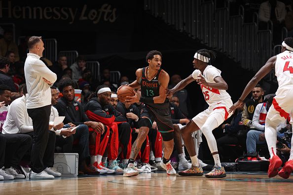 WASHINGTON, DC -? DECEMBER 27: Jordan Poole #13 of the Washington Wizards handles the ball during the game against the Toronto Raptors on December 27, 2023 at Capital One Arena in Washington, DC. NOTE TO USER: User expressly acknowledges and agrees that, by downloading and or using this Photograph, user is consenting to the terms and conditions of the Getty Images License Agreement. Mandatory Copyright Notice: Copyright 2023 NBAE (Photo by Stephen Gosling/NBAE via Getty Images)