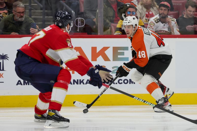 Feb 6, 2024; Sunrise, Florida, USA; Philadelphia Flyers center Morgan Frost (48) moves the puck against the Florida Panthers during the third period at Amerant Bank Arena. Mandatory Credit: Sam Navarro-USA TODAY Sports