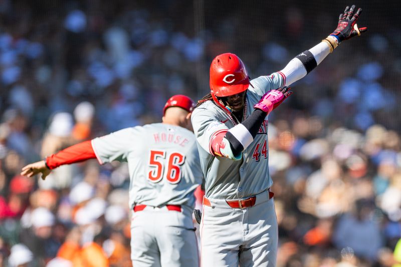 May 11, 2024; San Francisco, California, USA; Cincinnati Reds shortstop Elly De La Cruz (44) celebrates after hitting a solo home run against the San Francisco Giants during the fourth inning at Oracle Park. Mandatory Credit: Bob Kupbens-USA TODAY Sports