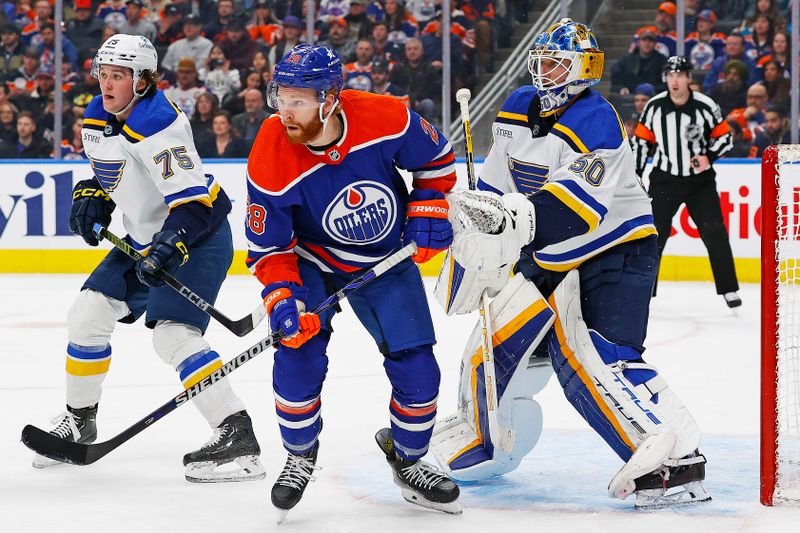 Feb 28, 2024; Edmonton, Alberta, CAN; Edmonton Oilers forward Connor Brown (28) tries to screen St. Louis Blues goaltender Jordan Binnington (50) during the third period at Rogers Place. Mandatory Credit: Perry Nelson-USA TODAY Sports