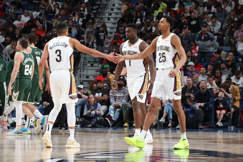 NEW ORLEANS, LA - MARCH 28: CJ McCollum #3 of the New Orleans Pelicans & Trey Murphy III #25 of the New Orleans Pelicans high five during the game on March 28, 2024 at the Smoothie King Center in New Orleans, Louisiana. NOTE TO USER: User expressly acknowledges and agrees that, by downloading and or using this Photograph, user is consenting to the terms and conditions of the Getty Images License Agreement. Mandatory Copyright Notice: Copyright 2024 NBAE (Photo by Layne Murdoch Jr./NBAE via Getty Images)