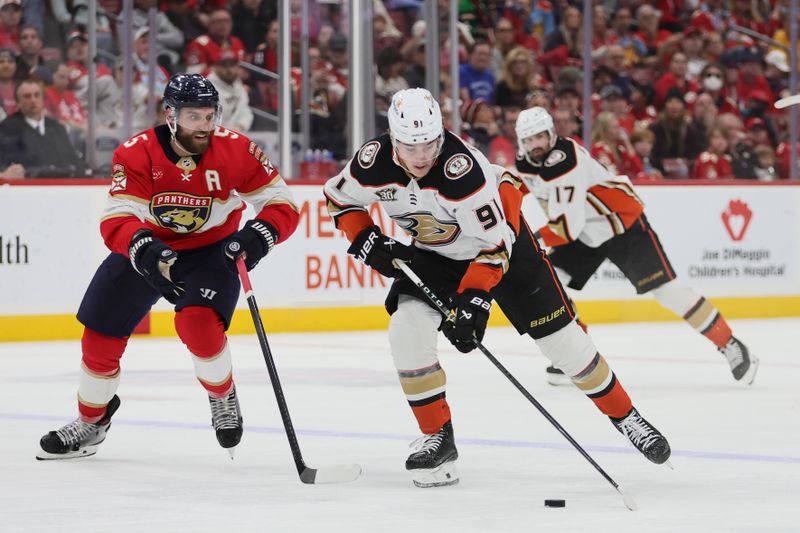 Jan 15, 2024; Sunrise, Florida, USA; Anaheim Ducks center Leo Carlsson (91) moves the puck ahead of Florida Panthers defenseman Aaron Ekblad (5) during the third period at Amerant Bank Arena. Mandatory Credit: Sam Navarro-USA TODAY Sports