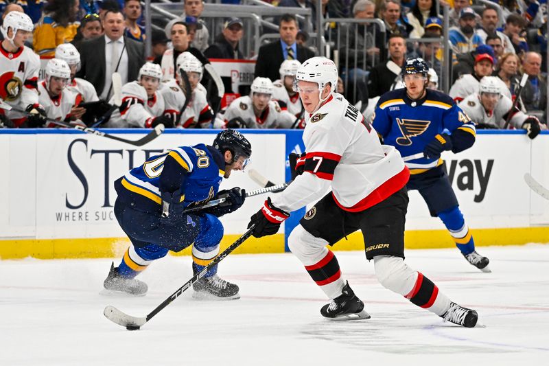 Dec 14, 2023; St. Louis, Missouri, USA;  Ottawa Senators left wing Brady Tkachuk (7) controls the puck against the St. Louis Blues during the first period at Enterprise Center. Mandatory Credit: Jeff Curry-USA TODAY Sports