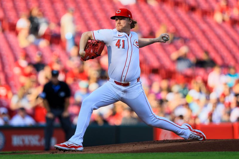 May 21, 2024; Cincinnati, Ohio, USA; Cincinnati Reds starting pitcher Andrew Abbott (41) pitches against the San Diego Padres in the first inning at Great American Ball Park. Mandatory Credit: Katie Stratman-USA TODAY Sports