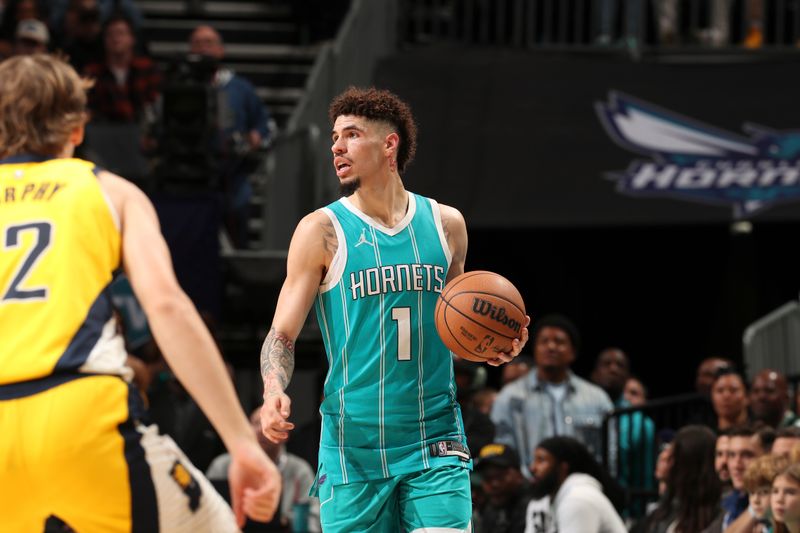 CHARLOTTE, NC - NOVEMBER 8:  LaMelo Ball #1 of the Charlotte Hornets dribbles the ball during the game against the Indiana Pacers on November 8, 2024 at Spectrum Center in Charlotte, North Carolina. NOTE TO USER: User expressly acknowledges and agrees that, by downloading and or using this photograph, User is consenting to the terms and conditions of the Getty Images License Agreement. Mandatory Copyright Notice: Copyright 2024 NBAE (Photo by Kent Smith/NBAE via Getty Images)