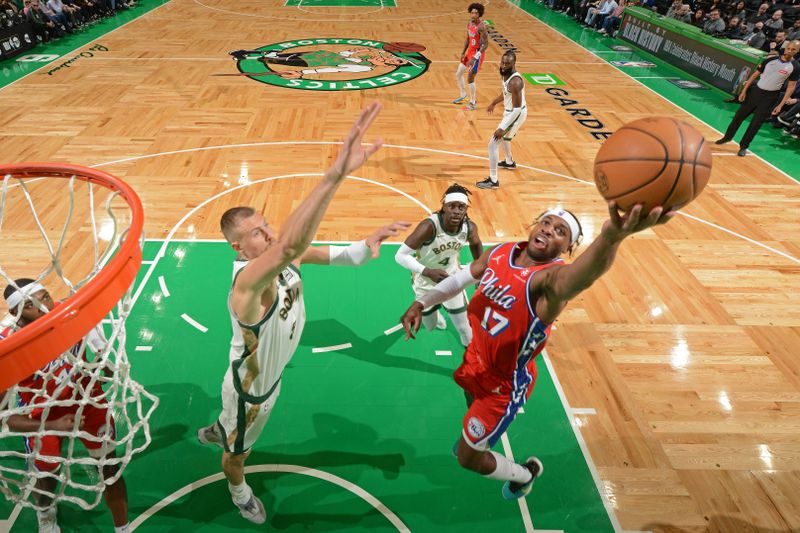 BOSTON, MA - FEBRUARY 27: Buddy Hield #17 of the Philadelphia 76ers drives to the basket during the game against the Boston Celtics on February 27, 2024 at the TD Garden in Boston, Massachusetts. NOTE TO USER: User expressly acknowledges and agrees that, by downloading and or using this photograph, User is consenting to the terms and conditions of the Getty Images License Agreement. Mandatory Copyright Notice: Copyright 2024 NBAE  (Photo by Brian Babineau/NBAE via Getty Images)