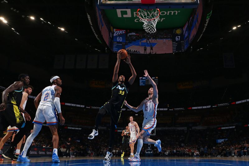 OKLAHOMA CITY, OK - MARCH 12: Myles Turner #33 of the Indiana Pacers drives to the basket during the game against the Oklahoma City Thunder on March 12, 2024 at Paycom Arena in Oklahoma City, Oklahoma. NOTE TO USER: User expressly acknowledges and agrees that, by downloading and or using this photograph, User is consenting to the terms and conditions of the Getty Images License Agreement. Mandatory Copyright Notice: Copyright 2024 NBAE (Photo by Zach Beeker/NBAE via Getty Images)