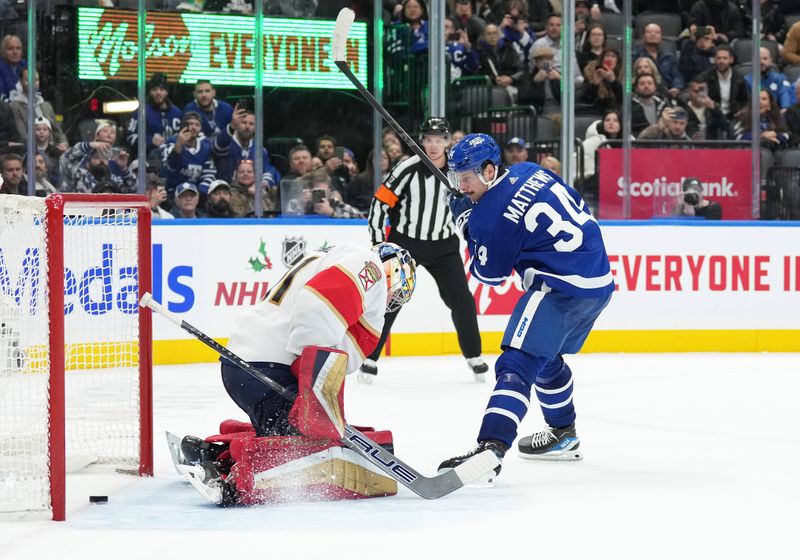 Nov 28, 2023; Toronto, Ontario, CAN; Toronto Maple Leafs center Auston Matthews (34) scores a goal on Florida Panthers goaltender Anthony Stolarz (41) during the shootout at Scotiabank Arena. Mandatory Credit: Nick Turchiaro-USA TODAY Sports