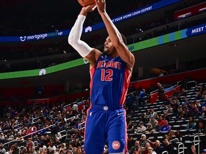 DETROIT, MI - NOVEMBER 8: Tobias Harris #12 of the Detroit Pistons shoots a three point basket during the game against the Atlanta Hawks on November  8, 2024 at Little Caesars Arena in Detroit, Michigan. NOTE TO USER: User expressly acknowledges and agrees that, by downloading and/or using this photograph, User is consenting to the terms and conditions of the Getty Images License Agreement. Mandatory Copyright Notice: Copyright 2024 NBAE (Photo by Chris Schwegler/NBAE via Getty Images)