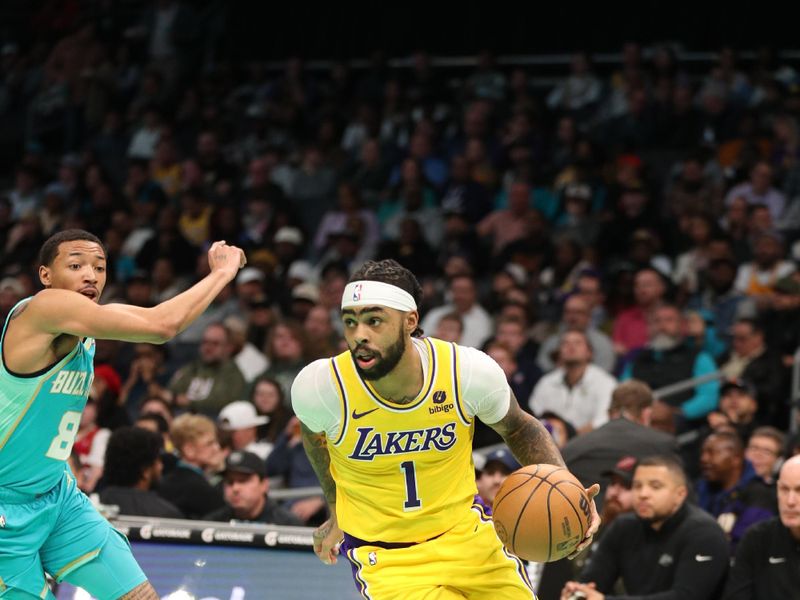 CHARLOTTE, NC - FEBRUARY 5: D'Angelo Russell #1 of the Los Angeles Lakers handles the ball during the game against the Charlotte Hornets on February 5, 2024 at Spectrum Center in Charlotte, North Carolina. NOTE TO USER: User expressly acknowledges and agrees that, by downloading and or using this photograph, User is consenting to the terms and conditions of the Getty Images License Agreement.  Mandatory Copyright Notice:  Copyright 2024 NBAE (Photo by Brock Williams-Smith/NBAE via Getty Images)