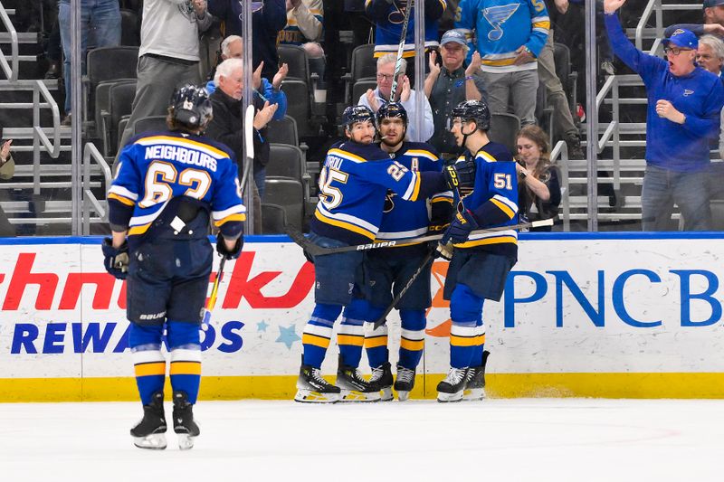 Mar 23, 2025; St. Louis, Missouri, USA;  St. Louis Blues center Jordan Kyrou (25) celebrates with center Robert Thomas (18) defenseman Matthew Kessel (51) and left wing Jake Neighbours (63) after scoring against the Nashville Predators during the first period at Enterprise Center. Mandatory Credit: Jeff Curry-Imagn Images