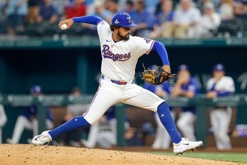 Jun 4, 2024; Arlington, Texas, USA; Texas Rangers pitcher Grant Anderson (65) throws during the eighth inning against the Detroit Tigers at Globe Life Field. Mandatory Credit: Andrew Dieb-USA TODAY Sports