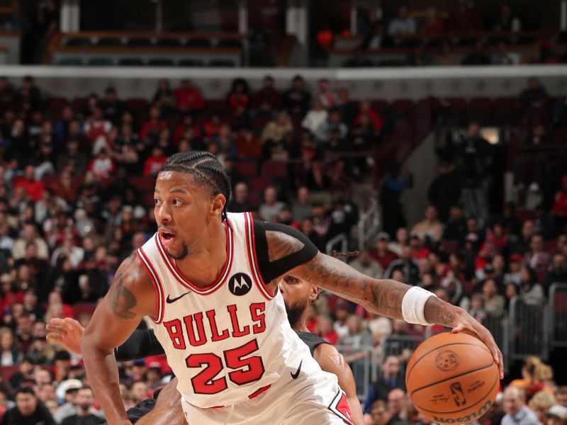 CHICAGO, IL - NOVEMBER 4: Dalen Terry #25 of the Chicago Bulls drives to the basket during the game against the Utah Jazz on NOVEMBER 4, 2024 at United Center in Chicago, Illinois. NOTE TO USER: User expressly acknowledges and agrees that, by downloading and or using this photograph, User is consenting to the terms and conditions of the Getty Images License Agreement. Mandatory Copyright Notice: Copyright 2024 NBAE (Photo by Gary Dineen/NBAE via Getty Images)