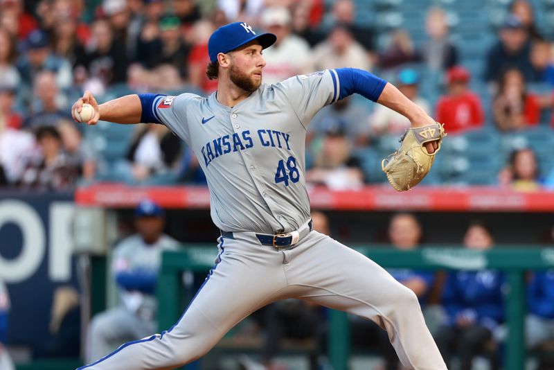 May 10, 2024; Anaheim, California, USA;  Kansas City Royals pitcher Alec Marsh (48) pitches during the first inning against the Los Angeles Angels at Angel Stadium. Mandatory Credit: Kiyoshi Mio-USA TODAY Sports