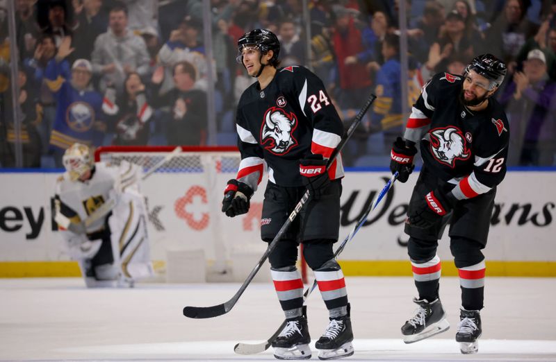 Mar 2, 2024; Buffalo, New York, USA;  Buffalo Sabres center Dylan Cozens (24) reacts after scoring his second shorthanded goal of the game during the third period against the Vegas Golden Knights at KeyBank Center. Mandatory Credit: Timothy T. Ludwig-USA TODAY Sports