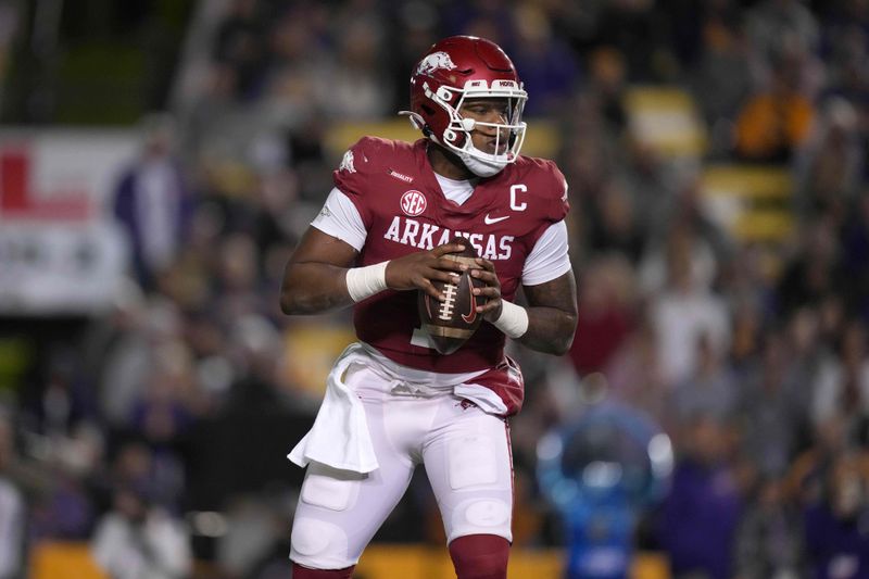 Nov 13, 2021; Baton Rouge, Louisiana, USA; Arkansas Razorbacks quarterback KJ Jefferson (1) drops back to throw the ball against the LSU Tigers in the first half at Tiger Stadium. Mandatory Credit: Kirby Lee-USA TODAY Sports