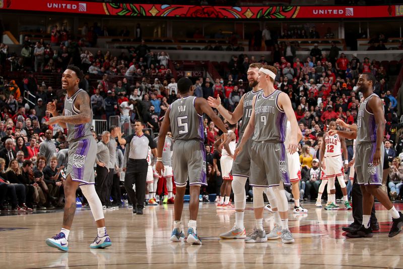 CHICAGO, IL - MARCH 15: De'Aaron Fox #5 of the Sacramento Kings celebrates scoring a three point basket to win the game against the Chicago Bulls on March 15, 2023 at United Center in Chicago, Illinois. NOTE TO USER: User expressly acknowledges and agrees that, by downloading and or using this photograph, User is consenting to the terms and conditions of the Getty Images License Agreement. Mandatory Copyright Notice: Copyright 2023 NBAE (Photo by Gary Dineen/NBAE via Getty Images)