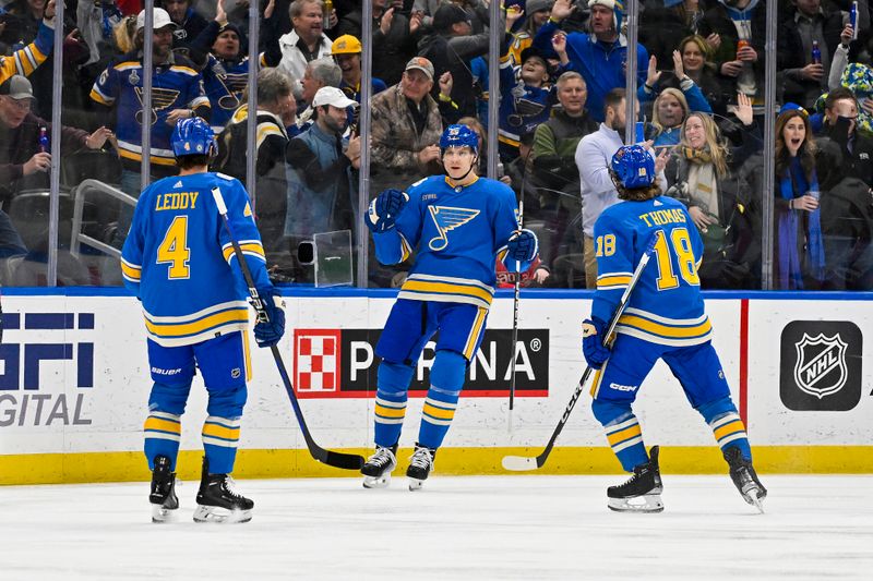 Jan 20, 2024; St. Louis, Missouri, USA;  St. Louis Blues defenseman Colton Parayko (55) celebrates with defenseman Nick Leddy (4) and center Robert Thomas (18) after scoring against the Washington Capitals during the first period at Enterprise Center. Mandatory Credit: Jeff Curry-USA TODAY Sports