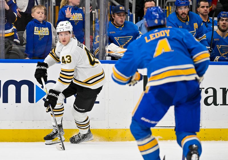 Jan 13, 2024; St. Louis, Missouri, USA;  Boston Bruins left wing Danton Heinen (43) controls the puck against the St. Louis Blues during the third period at Enterprise Center. Mandatory Credit: Jeff Curry-USA TODAY Sports