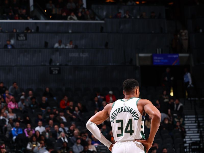 BROOKLYN, NY - DECEMBER 8: Giannis Antetokounmpo #34 of the Milwaukee Bucks looks on during the game against the Brooklyn Nets on December 8, 2024 at Barclays Center in Brooklyn, New York. NOTE TO USER: User expressly acknowledges and agrees that, by downloading and or using this Photograph, user is consenting to the terms and conditions of the Getty Images License Agreement. Mandatory Copyright Notice: Copyright 2024 NBAE (David L. Nemec/NBAE via Getty Images)