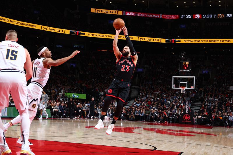 TORONTO, CANADA - MARCH 14: Fred VanVleet #23 of the Toronto Raptors shoots the ball during the game against the Denver Nuggets on March 14, 2023 at the Scotiabank Arena in Toronto, Ontario, Canada.  NOTE TO USER: User expressly acknowledges and agrees that, by downloading and or using this Photograph, user is consenting to the terms and conditions of the Getty Images License Agreement.  Mandatory Copyright Notice: Copyright 2023 NBAE (Photo by Vaughn Ridley/NBAE via Getty Images)