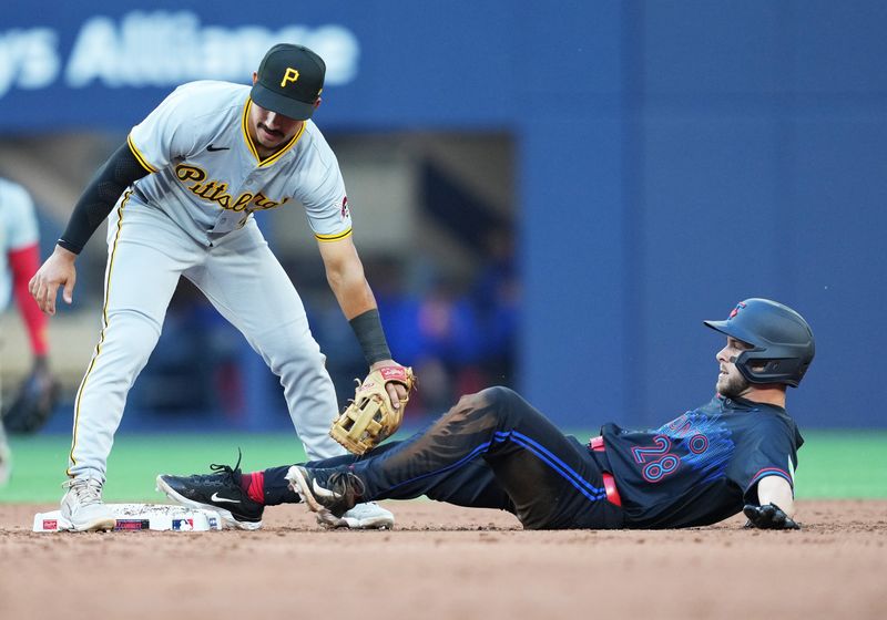 May 31, 2024; Toronto, Ontario, CAN; Pittsburgh Pirates second baseman Nick Gonzales (39) tags out Toronto Blue Jays third baseman Ernie Clement (28) at second base during the third inning at Rogers Centre. Mandatory Credit: Nick Turchiaro-USA TODAY Sports