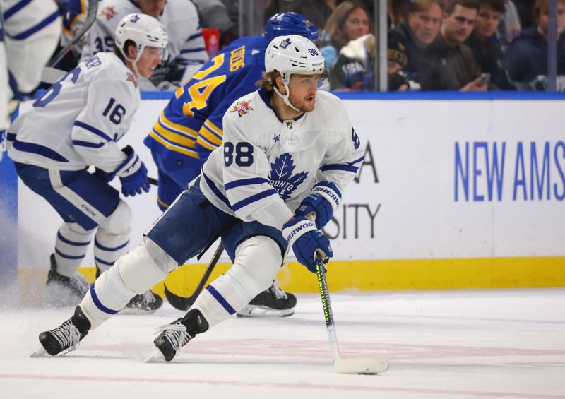 Dec 21, 2023; Buffalo, New York, USA;  Toronto Maple Leafs right wing William Nylander (88) looks to make a pass during the second period against the Buffalo Sabres at KeyBank Center. Mandatory Credit: Timothy T. Ludwig-USA TODAY Sports