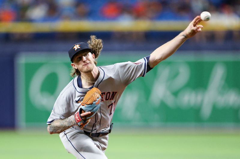 Aug 13, 2024; St. Petersburg, Florida, USA; Houston Astros pitcher Josh Hader (71) throws a pitch against the Tampa Bay Rays in the ninth inning at Tropicana Field. Mandatory Credit: Nathan Ray Seebeck-USA TODAY Sports