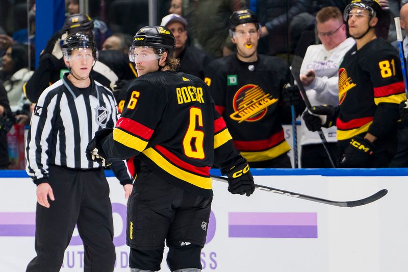 Nov 28, 2023; Vancouver, British Columbia, CAN; Vancouver Canucks forward Brock Boeser (6) celebrates his empty net goal against the Anaheim Ducks in the third period at Rogers Arena. Vancouver won 3-1. Mandatory Credit: Bob Frid-USA TODAY Sports