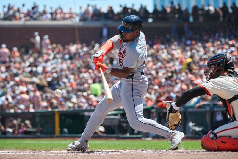Aug 10, 2024; San Francisco, California, USA; Detroit Tigers outfielder Akil Baddoo (60) hits a single against the San Francisco Giants  during the fourth inning at Oracle Park. Mandatory Credit: Robert Edwards-USA TODAY Sports