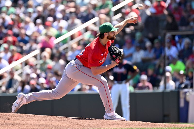 Mar 17, 2025; North Port, Florida, USA; Boston Red Sox pitcher Shane Drohan (88) throws a pitch in the first inning against the Atlanta Braves during spring training at CoolToday Park. Mandatory Credit: Jonathan Dyer-Imagn Images