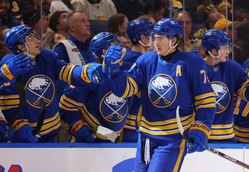 Jan 28, 2025; Buffalo, New York, USA;  Buffalo Sabres center Tage Thompson (72) celebrates his goal with teammates during the first period against the Boston Bruins at KeyBank Center. Mandatory Credit: Timothy T. Ludwig-Imagn Images