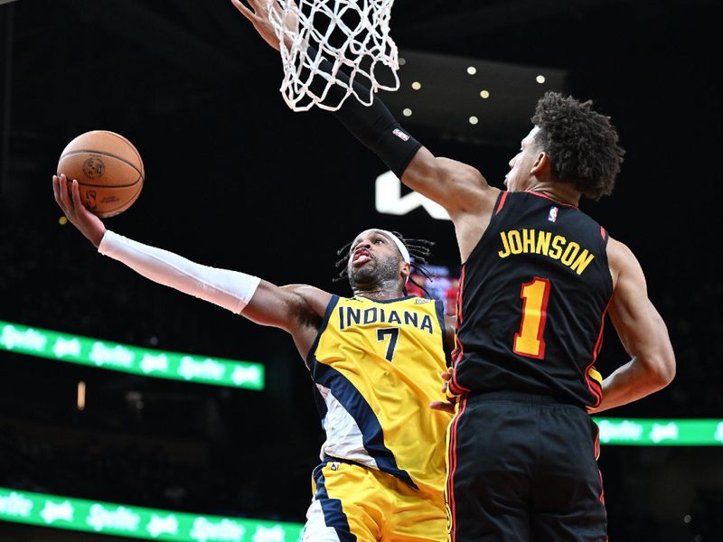 ATLANTA, GA - JANUARY 12: Buddy Heild #7 of the Indiana Pacers shoots the ball during the game against the Atlanta Hawks on January 12, 2024 at State Farm Arena in Atlanta, Georgia.  NOTE TO USER: User expressly acknowledges and agrees that, by downloading and/or using this Photograph, user is consenting to the terms and conditions of the Getty Images License Agreement. Mandatory Copyright Notice: Copyright 2024 NBAE (Photo by Adam Hagy/NBAE via Getty Images)