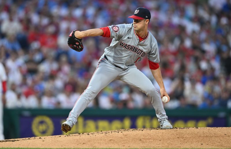 Aug 17, 2024; Philadelphia, Pennsylvania, USA; Washington Nationals starting pitcher MacKenzie Gore (1) throws a pitch against the Philadelphia Phillies in the second inning at Citizens Bank Park. Mandatory Credit: Kyle Ross-USA TODAY Sports