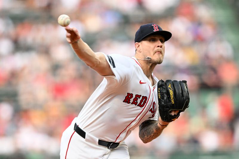 Aug 14, 2024; Boston, Massachusetts, USA; Boston Red Sox starting pitcher Tanner Houck (89) pitches against the Texas Rangers during the first inning at Fenway Park. Mandatory Credit: Brian Fluharty-USA TODAY Sports