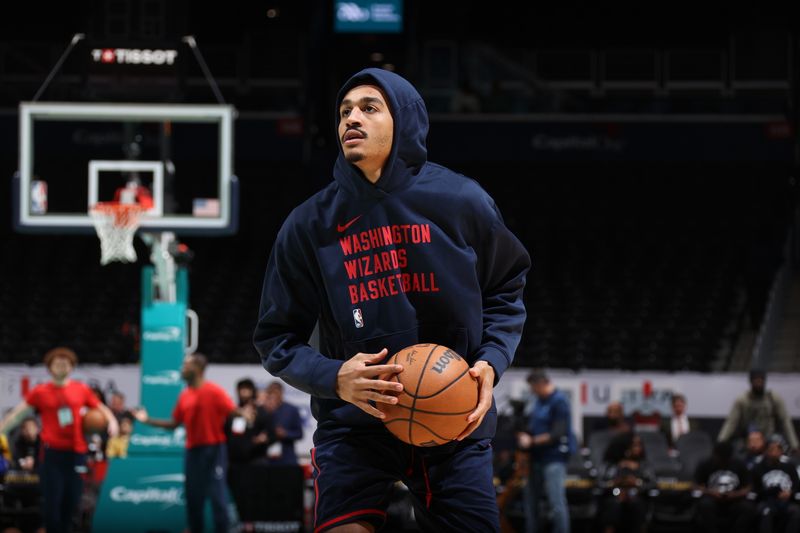 WASHINGTON, DC -? FEBRUARY 27: Jordan Poole #13 of the Washington Wizards warms up before the game against the Golden State Warriors on February 27, 2024 at Capital One Arena in Washington, DC. NOTE TO USER: User expressly acknowledges and agrees that, by downloading and or using this Photograph, user is consenting to the terms and conditions of the Getty Images License Agreement. Mandatory Copyright Notice: Copyright 2024 NBAE (Photo by Stephen Gosling/NBAE via Getty Images)