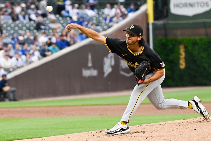 May 16, 2024; Chicago, Illinois, USA;  Pittsburgh Pirates pitcher Jared Jones (37) pitches against the Chicago Cubs during the first inning against the at Wrigley Field. Mandatory Credit: Matt Marton-USA TODAY Sports