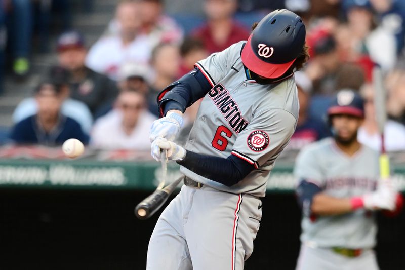 May 31, 2024; Cleveland, Ohio, USA; Washington Nationals designated hitter Jesse Winker (6) breaks his bat on a fly out during the fourth inning against the Cleveland Guardians at Progressive Field. Mandatory Credit: Ken Blaze-USA TODAY Sports